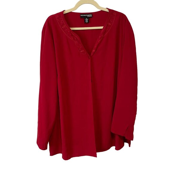 Norton McNaughton Woman Red Button-Front Blouse 2X Polyester Long Sleeve Embroid - Picture 1 of 4